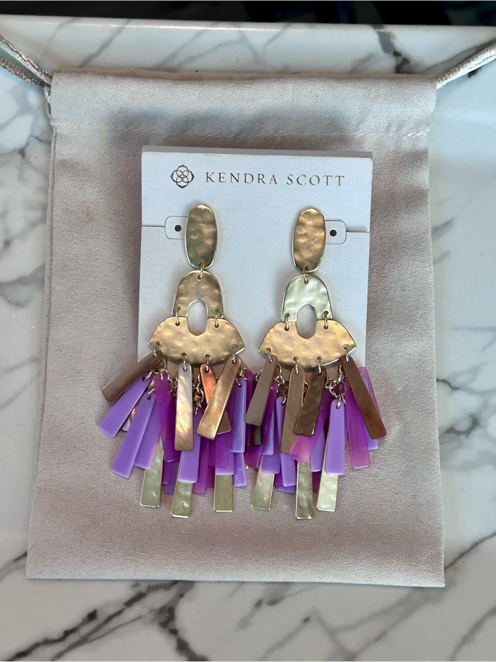 NWOT Kendra Scott Kitty Statement Earrings Gold Lavender and MOP Iridescent